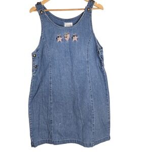 Christopher & Banks Denim Dress L Blue Americana Embroidered Heart Stars America